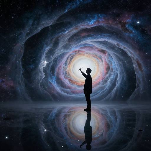 Silhouetted figure with raised arm stands before a glowing, swirling galaxy with vibrant colors and starry background, reflected below. Digital art.