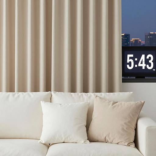 Modern Living Room with Beige Curtains and White Couch