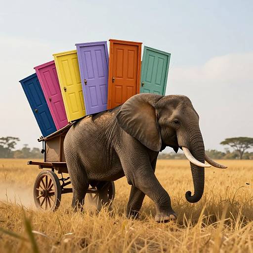 Photograph of an African elephant carrying a colorful wagon with five vibrant, painted doors (red, yellow, blue, green, orange) in a dry