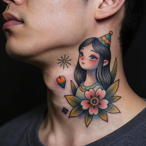 Colorful tattoo on a person's neck featuring a cute girl with black hair, flower, heart, sun, and leaves, wearing a green hat.