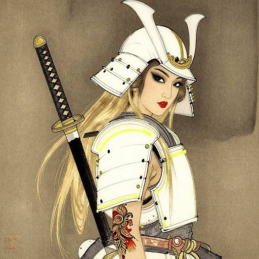 Digital anime-style drawing of a blonde woman in white samurai armor, red lipstick, long hair, helmet with horns, sheath on back.