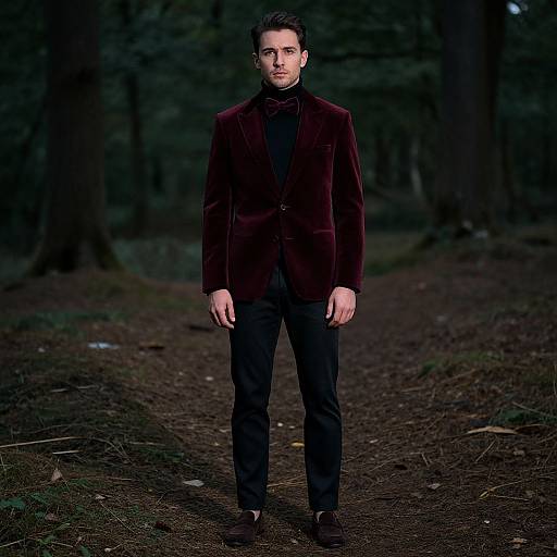 Photograph of a tall, handsome man with dark hair in a deep burgundy velvet blazer, black shirt, and pants, standing on a forest