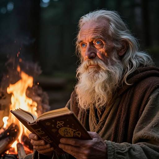 Photograph of an elderly man with long white hair and beard, wearing a brown robe, reading a book by a campfire in a forest. His