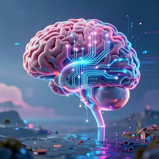 Neon-lit, futuristic brain with glowing circuitry and blue neon pathways, floating above a cyberpunk landscape with scattered lights and technology. Digital art