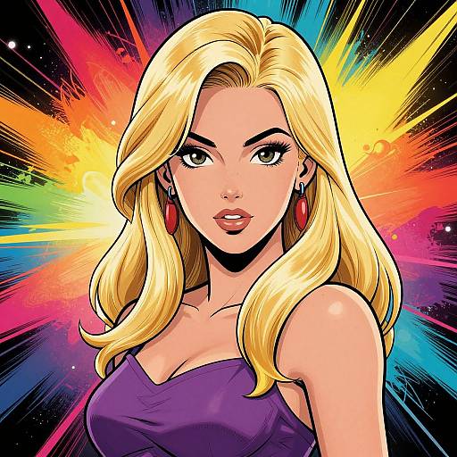 Comic-style digital drawing of a blonde woman with long hair, wearing a purple top, red earrings, and a vibrant, colorful background.