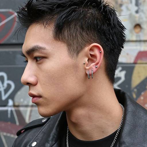 Photograph of an Asian man with short black spiky hair, multiple ear piercings, black leather jacket, and chain necklace, standing in front