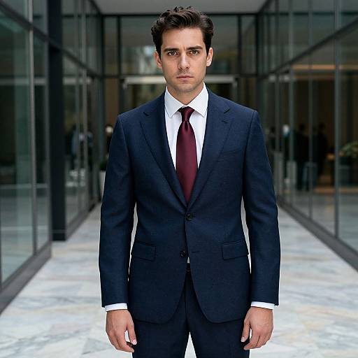 Photograph of a handsome, dark-haired man in a black suit, white shirt, and maroon tie, standing in a modern glass-walled hallway