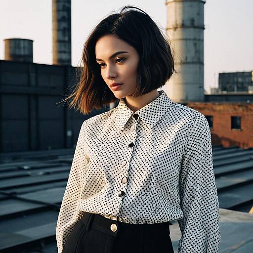 Fashion Model with Textured Bob Hairstyle on Industrial Rooftop