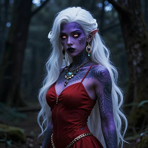 Digital artwork of a dark purple-skinned, elf-like woman with long white hair, wearing a red dress, adorned with tattoos, in a forest.