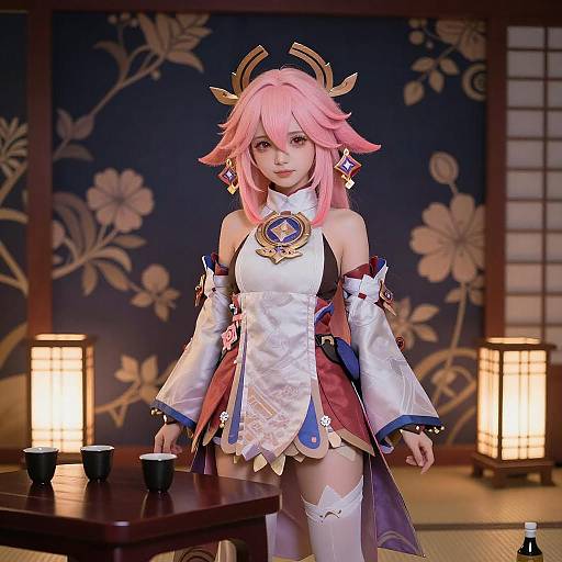 Anime Girl with Golden Horns in Japanese Room