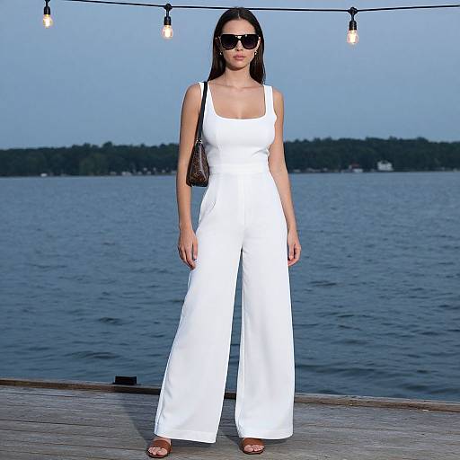 Photograph of a woman with long brown hair, wearing black sunglasses, white wide-leg romper, and brown sandals, standing on a wooden dock by