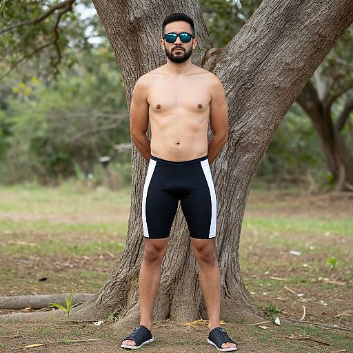 Photograph of a shirtless, bearded man with medium build, wearing black shorts with white stripes, sunglasses, and black sandals, standing against a