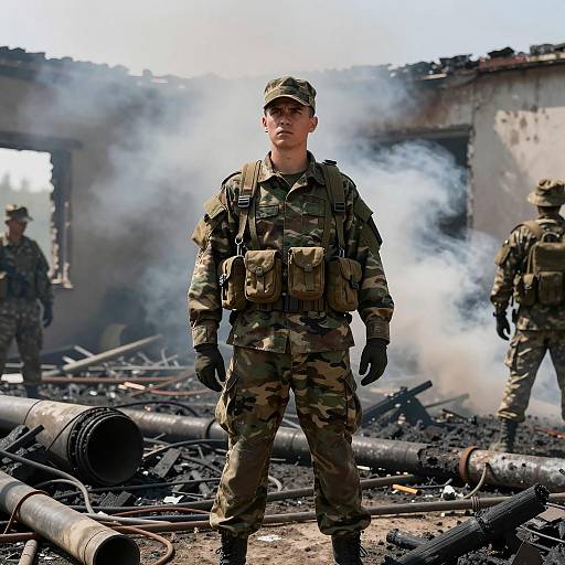Intense Soldier in War-Torn Ruins