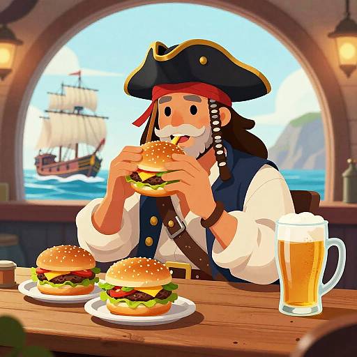Cartoon pirate with black tricorn and red bandana eats burgers at wooden bar, beer mug nearby, ship in sea background.