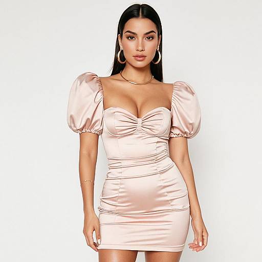 Photograph of a Latina woman with long black hair, wearing a tight, pale pink satin dress with puffed sleeves, hoop earrings, and a gold