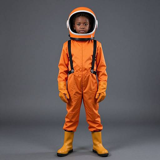 Photograph of a young Black child standing, wearing a bright orange astronaut suit with a clear helmet, yellow gloves, and boots, against a plain gray
