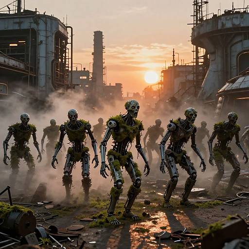 Digital artwork of six skeletal, mechanical, humanoid creatures with moss-covered joints, standing in an industrial, smoky, sunset-lit factory.