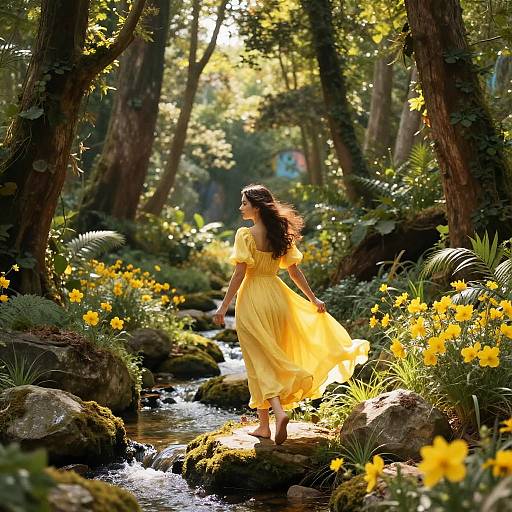 Woman in Yellow Dress Walking Through Enchanted Forest Stream