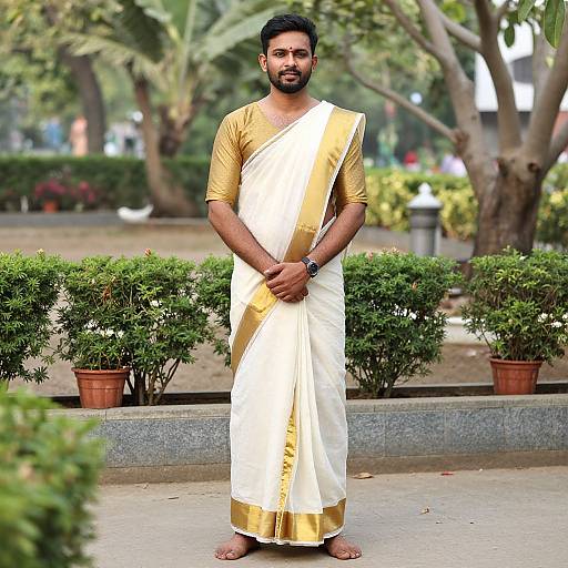 Photograph of a bearded South Asian man with short black hair, wearing a white and gold saree, standing in a park with greenery and