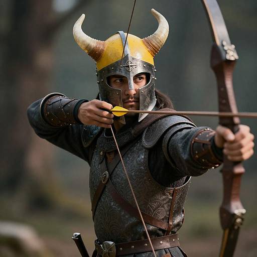 Medieval Archer Drawing Bowstring in Forest