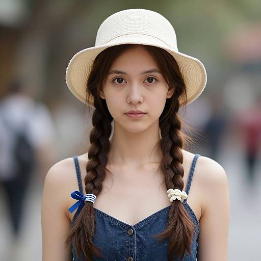 Young Asian woman with braided brown hair, wearing a white straw hat, denim sundress, blue ribbon, and white flower, in a blurred outdoor