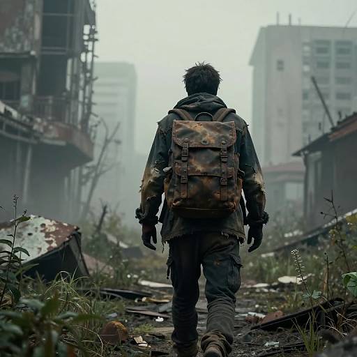 Photograph of a lone, silhouetted figure with a camouflage backpack walking through a ruined, foggy urban landscape with broken buildings and debris.