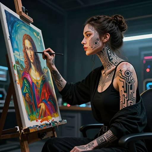 Tattooed woman with dark hair in bun, wearing black, intensely paints vibrant portrait on canvas in dimly lit studio.
