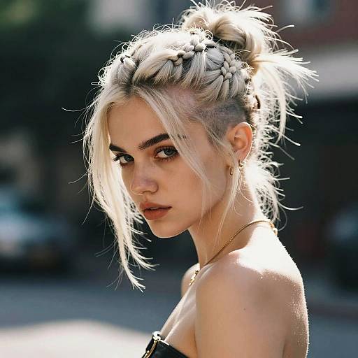 Photograph of a pale-skinned, blonde woman with braided and undercut hair, wearing a black strapless top, looking over her shoulder with intense