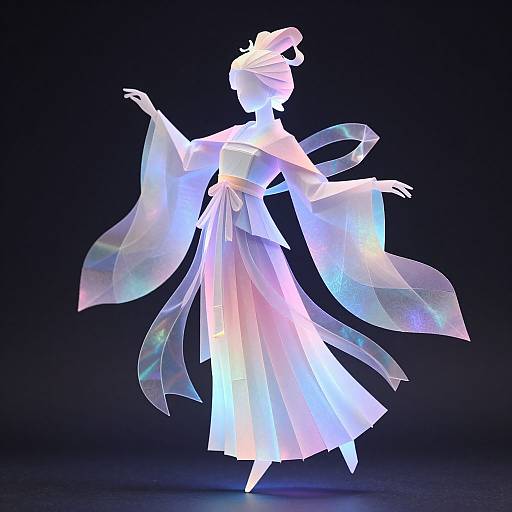 Photograph of a glowing, translucent paper lantern figure in an elegant kimono, with flowing sleeves, and an intricate updo, illuminated against a dark