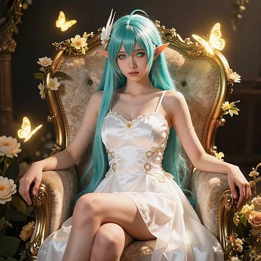 Digital art of a blue-haired elf woman with pointed ears, wearing a white satin dress, sitting on an ornate floral chair with glowing butterflies in a