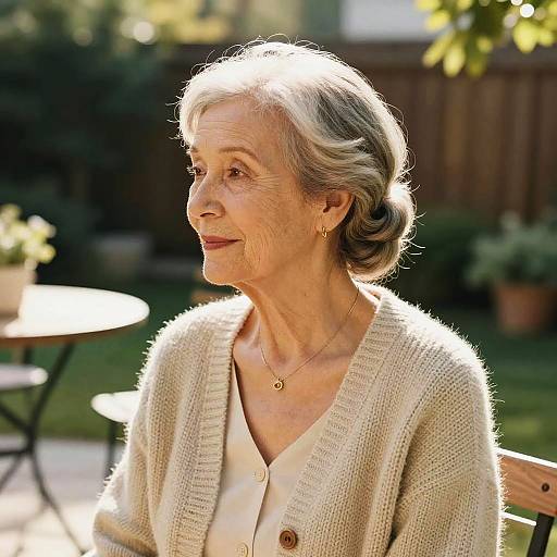 Photograph of an elderly woman with short gray hair, wearing a beige cardigan and white blouse, smiling in a sunlit garden.