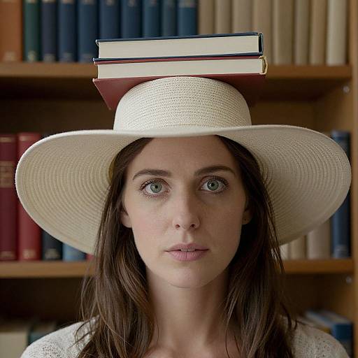 Photograph of a woman with green eyes, wearing a white straw hat with books on top, standing in front of a bookshelf.