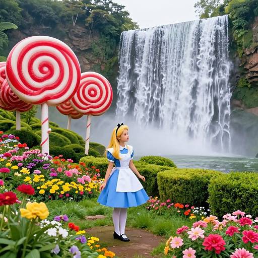 Digital illustration of Alice in Wonderland-style girl in blue dress, white apron, and white stockings, standing by colorful flowers and giant red-and-white l
