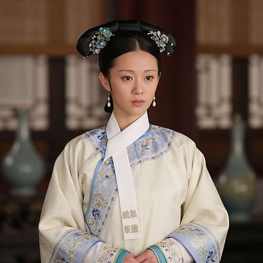 Photograph of an Asian woman with fair skin, black hair in a traditional double bun, wearing an elegant cream and blue floral patterned hanbok