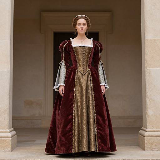 Photograph of a pale-skinned woman in a medieval-style, floor-length, deep burgundy velvet gown with silver sleeves, standing between stone columns in