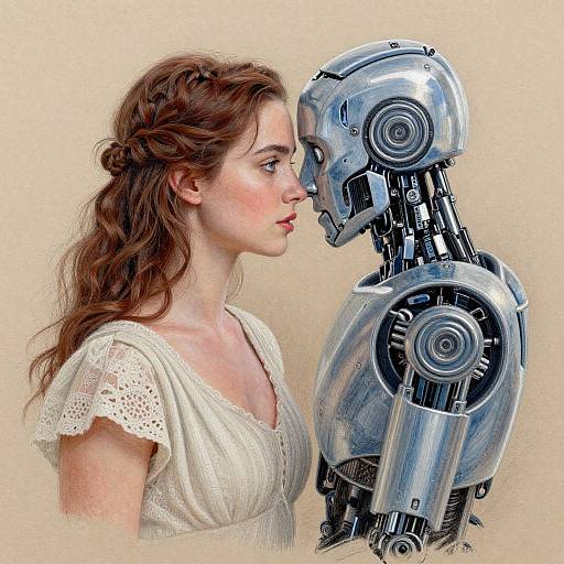 Digital artwork of a red-haired woman in a white lace dress, gently touching noses with a shiny, metallic robot against a beige background.