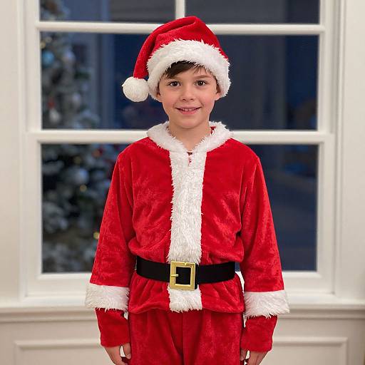 Photograph of a young boy with fair skin and brown hair, wearing a red velvet Santa outfit with white fur trim, black belt, and Santa hat
