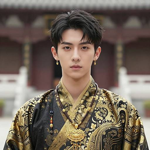 Photograph of an Asian man with fair skin, black hair, wearing an ornate black and gold traditional Korean hanbok, standing in front of
