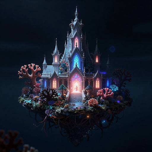 Levitating Bioluminescent Coral Cathedral Amid Infinite Void