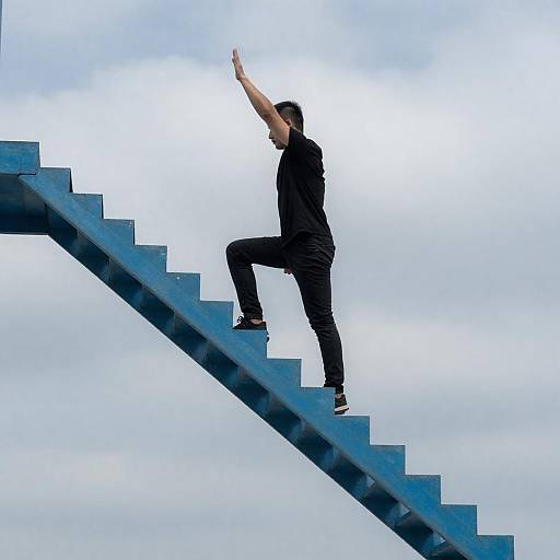 Man Climbing a Transparent Blue Staircase