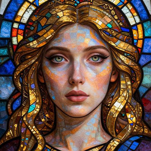 Digital artwork of a stunning, fair-skinned woman with blue-green eyes, golden wavy hair, and a colorful stained glass halo background.