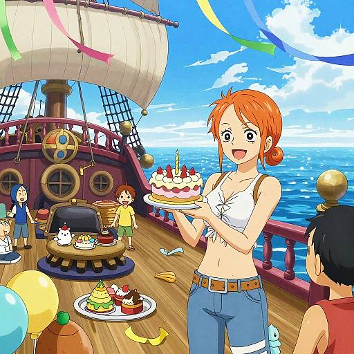 Anime-style digital drawing of a red-haired girl in a white crop top and jeans, holding a cake on a ship deck with colorful flags, other children