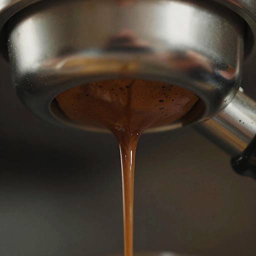 Close-up photograph of rich, brown espresso pouring from a shiny, stainless steel espresso machine, with a smooth, viscous stream.