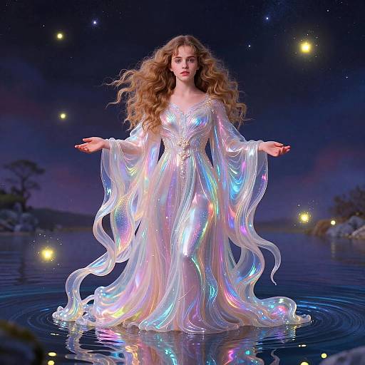 Photograph of a woman with long wavy brown hair in a shimmering, iridescent white gown, standing in a reflective night water scene with