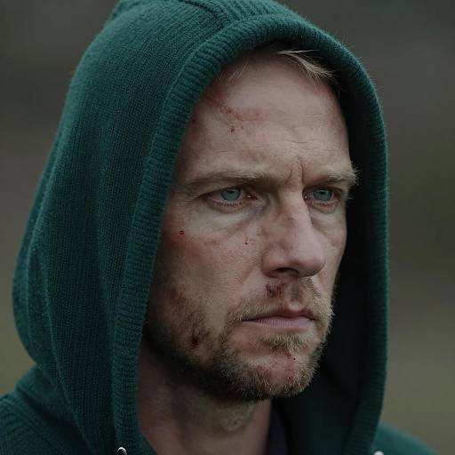 Man in Green Hood with Bloodied Face
