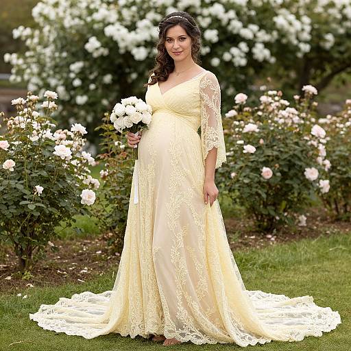 Pregnant bride in a long, lace, yellow wedding dress holding white flowers, standing in a blooming rose garden. Photograph.