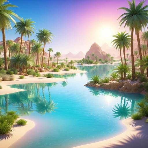 Desert Oasis with Palm Trees and Sparkling Water
