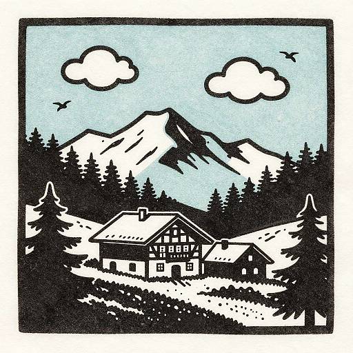 Bavarian Alpine Woodcut Illustration