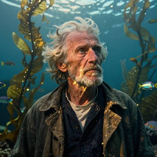 Photograph of an elderly man with white curly hair and beard, wearing a dark jacket, underwater surrounded by seaweed and fish. Sunlight filters through