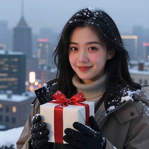 Photograph of an Asian woman with long black hair, wearing a gray turtleneck and coat, holding a white gift box with a red ribbon,